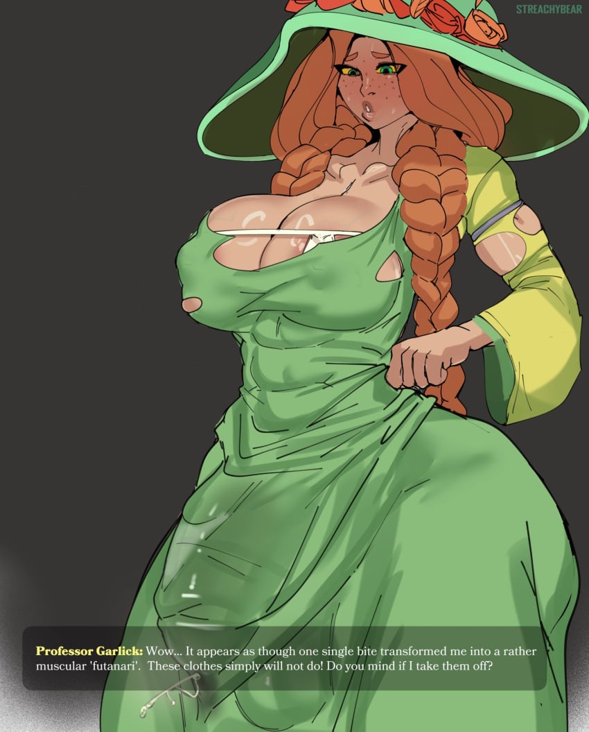 1futa 2023 ass balls big_breasts breasts bulge caucasian caucasian_female clothing dialogue dress english_text erection_under_clothes female_to_futa flaccid fully_clothed futa_only futanari futanari_transformation harry_potter hogwarts_legacy huge_ass huge_breasts huge_cock human large_breasts light-skinned_futanari light_skin long_hair mirabel_garlick muscle_growth muscular muscular_futanari orange_hair penis penis_expansion penis_growth penis_under_dress precum precum_drip precum_through_clothing solo solo_futa standing streachybear text thick_thighs tight_clothing torn_clothes transformation veiny_penis wide_hips witch_hat