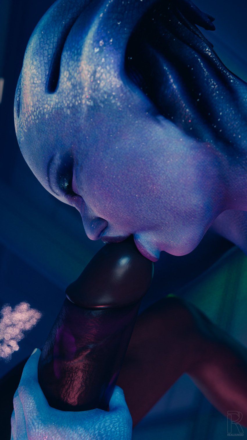 3d asari closed_eyes cock_worship dark-skinned_male holding_penis huge_cock kiss_mark kissing_penis liara_t'soni lipstick lipstick_mark lipstick_on_penis mass_effect realium3d tagme