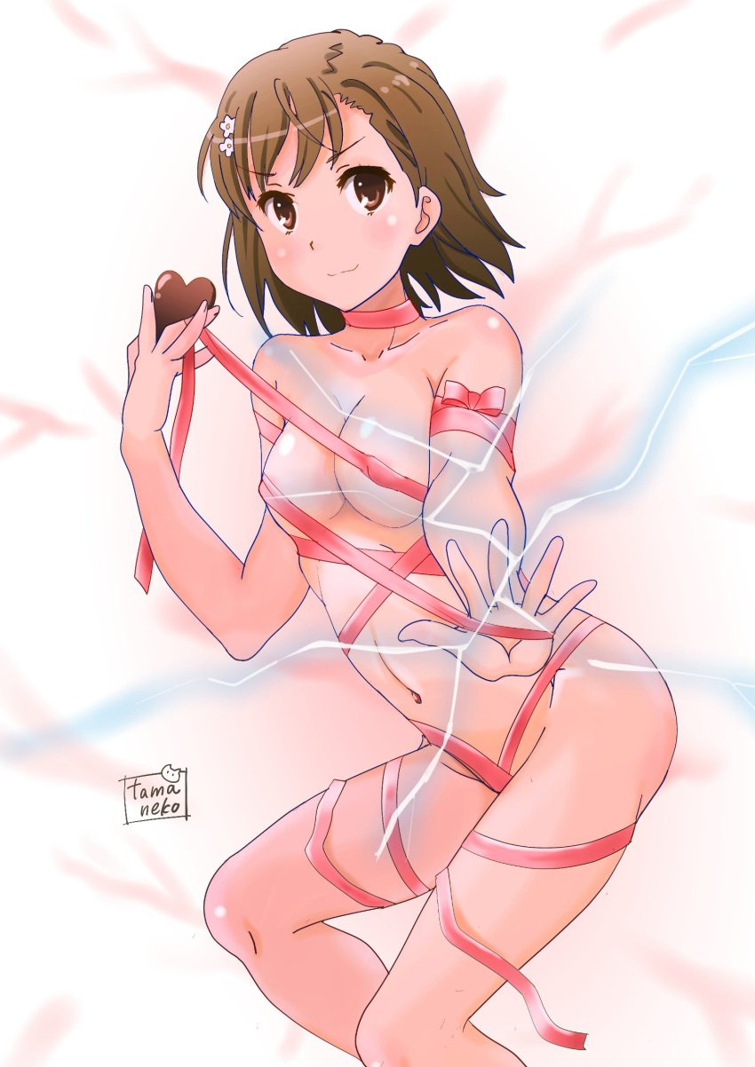 1girls 2020s 2021 alternate_breast_size areolae areolae_slip artist_name ass bare_ass bare_legs bare_shoulders biribiri blush breasts brown_eyes brown_hair brunette chocolate_and_vanilla collarbone completely_nude completely_nude_female covered_erect_nipples covered_nipples covering_crotch covering_pussy electricity electrokinesis female hair_flower hair_ornament heart hi_res light_blush looking_at_viewer matching_hair/eyes medium_breasts midriff misaka_mikoto navel nude nude_female red_ribbon ribbon ribboned_body short_hair solo tama_neko teenage_girl teenager to_aru_kagaku_no_railgun to_aru_majutsu_no_index valentine's_day young