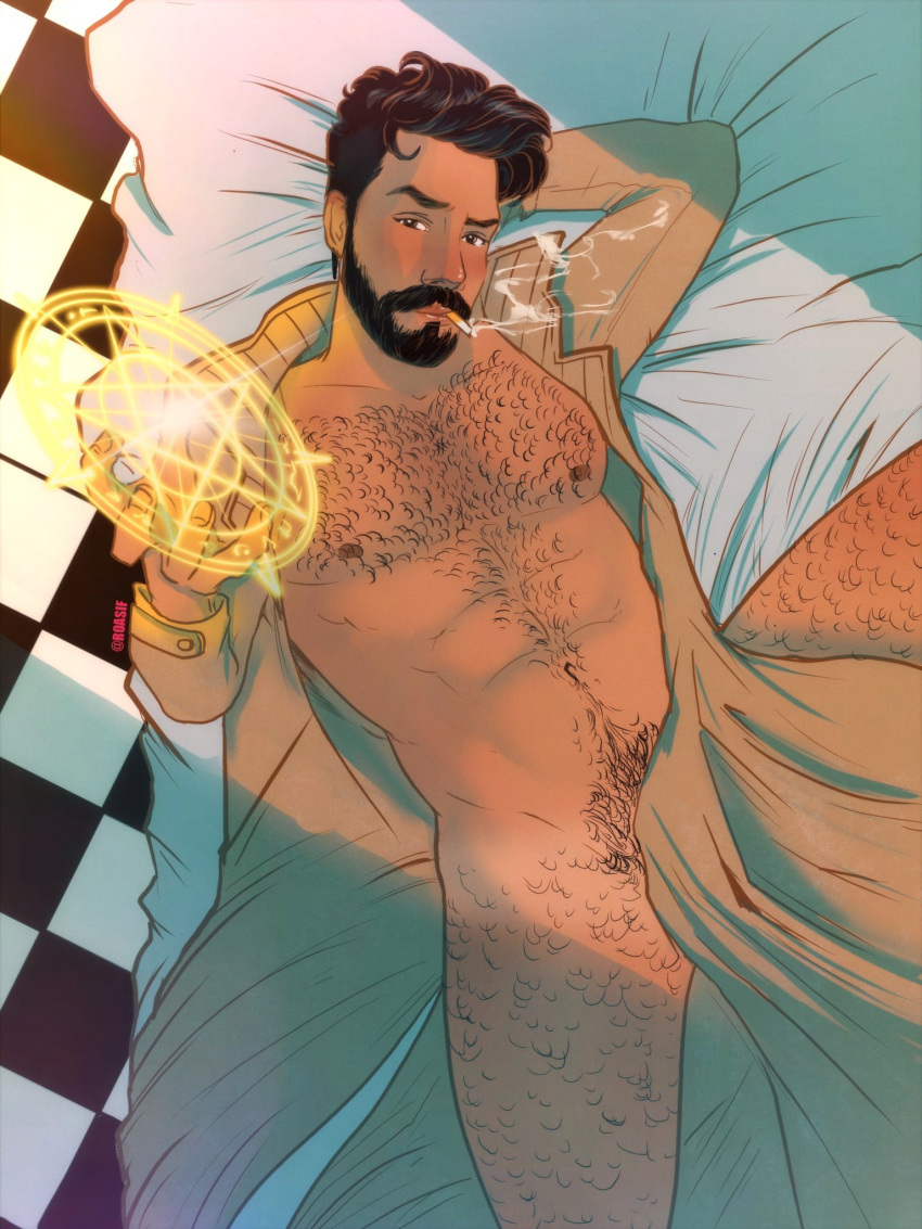 actor celebrity cigarette covering_crotch dc hairy hairy_chest in_character john_constantine laying_on_bed looking_at_viewer magic male male_only rahul_kohli roasif solo tanlines