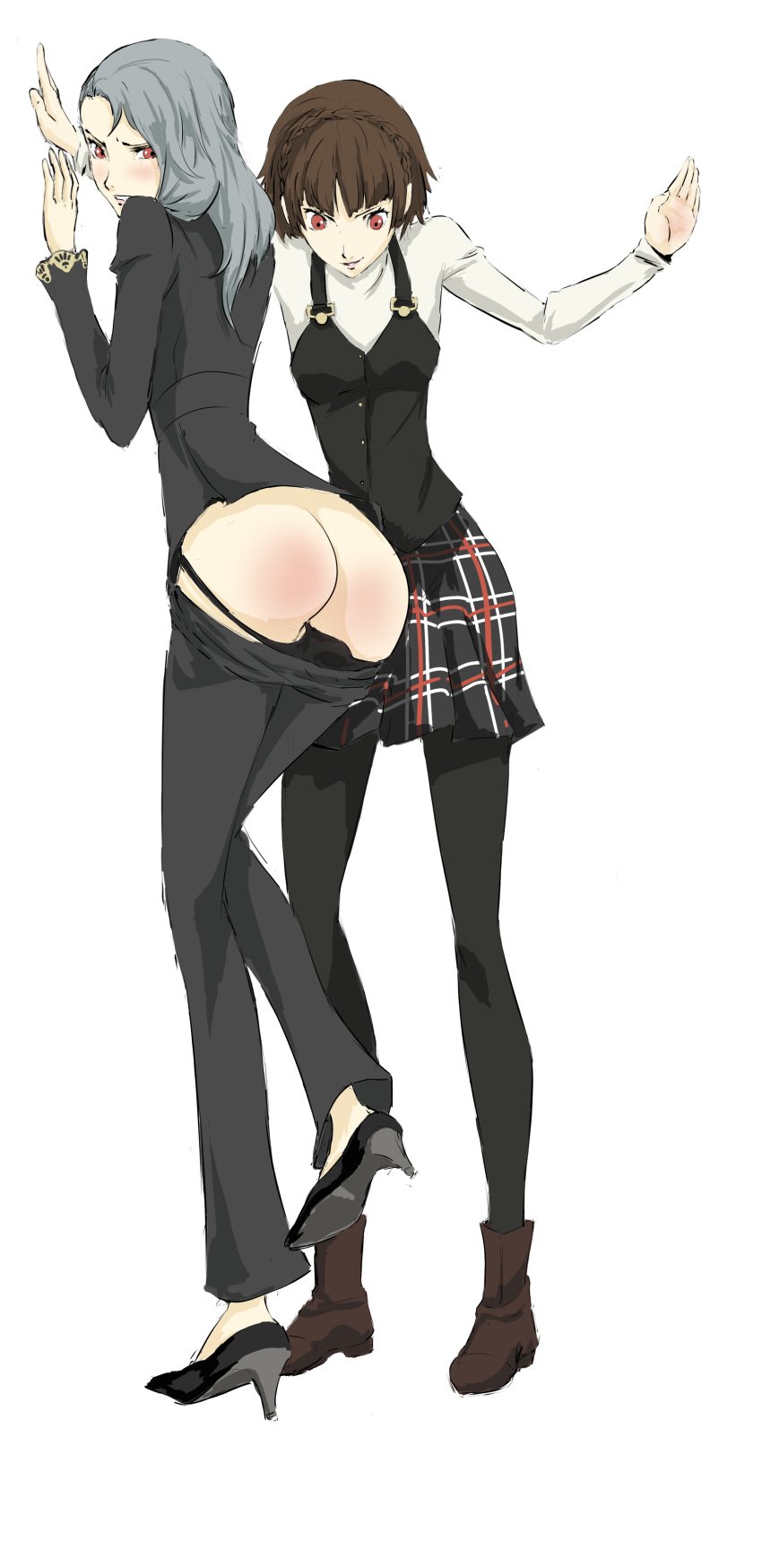 2girls against_wall ass black_panties black_pants black_shirt boots breasts brown_hair grey_hair high_heels incest long_hair makoto_niijima medium_breasts ozkh pant_suit panties panties_down pants pants_down pantsuit pantyhose persona persona_5 plaid_skirt punishment punishment_spanking red_eyes sae_niijima school_uniform shirt short_hair siblings sisters skirt spanking standing undressing white_shirt yuri