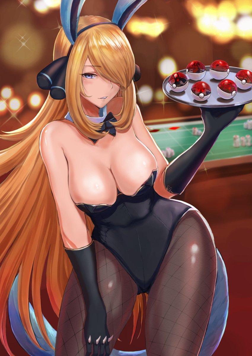 1girls black_leotard blonde_hair blue_eyes bowtie breasts bunny_ears casino casino_card_table cynthia_(pokemon) detached_collar fake_animal_ears fake_tail fishnet_pantyhose fishnets gloves hair_ornament hair_over_one_eye holding_tray jojobirdz large_breasts leotard long_hair nintendo pantyhose playboy_bunny pokémon pokeballs pokemon pokemon_champion pokemon_dppt strapless strapless_leotard tail tray waitress