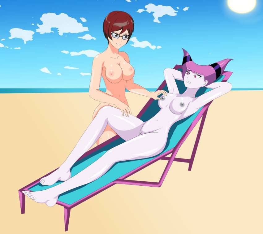 anoneysnufftan applying_sunscreen arms_behind_head beach breasts brown_hair cartoon_network chair clenched_teeth crossover dc edasbild embarrassed embarrassed_nude_female evil_grin female female_only glasses hair_horns hand_on_breast hand_on_thigh humiliation imminent_death jinx_(dc) killer_lotion kneeling large_breasts massage murder nipples nude ocean one_leg_up peril pointy_hair punishment purple_eyes purple_hair purple_skin pussy reclining rubbing sand scared scooby-doo seaside shiny_skin short_hair sky small_breasts snuff summer sunbathing teen_titans toonami velma_dinkley yuri