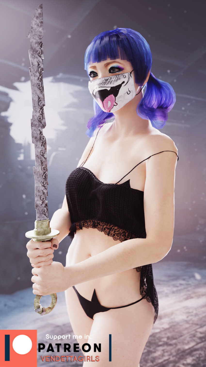 1girls 3d alternative_version_available babydoll_lingerie blender dbd dead_by_daylight female female_only feng_min patreon solo sword vendettagirls