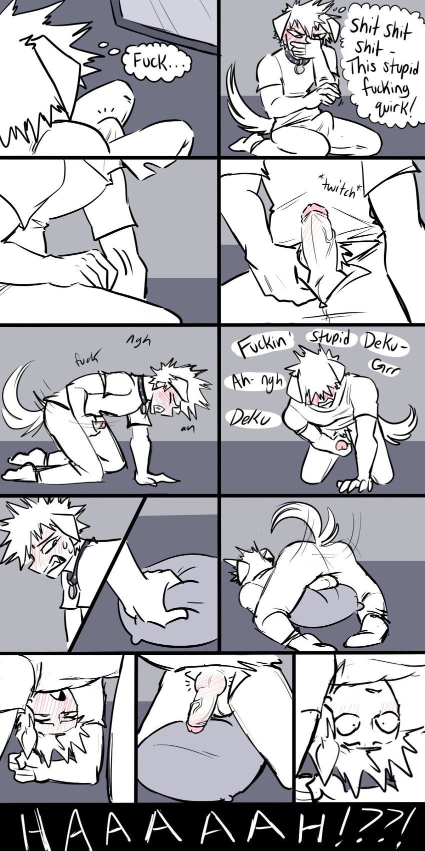 absurd_res animal_humanoid balls blush canid canid_humanoid canine canine_humanoid clothed clothing collar comic dog_humanoid english_text erection erection_under_clothing floppy_ears genitals grinding hi_res humanoid katsuki_bakugou knot male male_only mammal mammal_humanoid masturbation monochrome my_hero_academia penile penile_masturbation penis pillow pillow_humping pretty_werewolf solo text thought_bubble