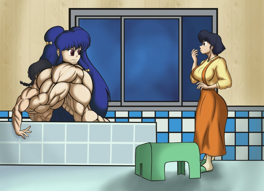 abs akane_tendo amazon bath big_breasts big_muscles black_hair breast_squeeze breast_squish breasts_bigger_than_head female huge_breasts human larger_female male muscular muscular_arms muscular_female muscular_male pale_skin ranma-kun ranma_1/2 ranma_saotome shampoo_(ranma_1/2) smaller_male smothering_breast snu-snu taller_female taller_girl tomkat96