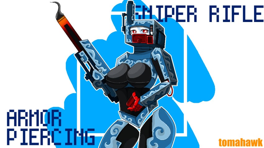 1girls armor_piercing_sniper_rifle_(pixel_gun_3d) big_breasts female female_only humanized humanized_weapon image magazine pixel_gun_3d square_head tomahawk_(artist) watermark weapon