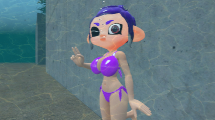 3d air_bubbles big_breasts bikini breasts female light-skinned_female light_skin nintendo original_character peace_sign puffy_cheeks purple_hair red_eyes request sash_(tailscookie) source_filmmaker splatoon splatoon_2 tailscookie underwater winking_at_viewer