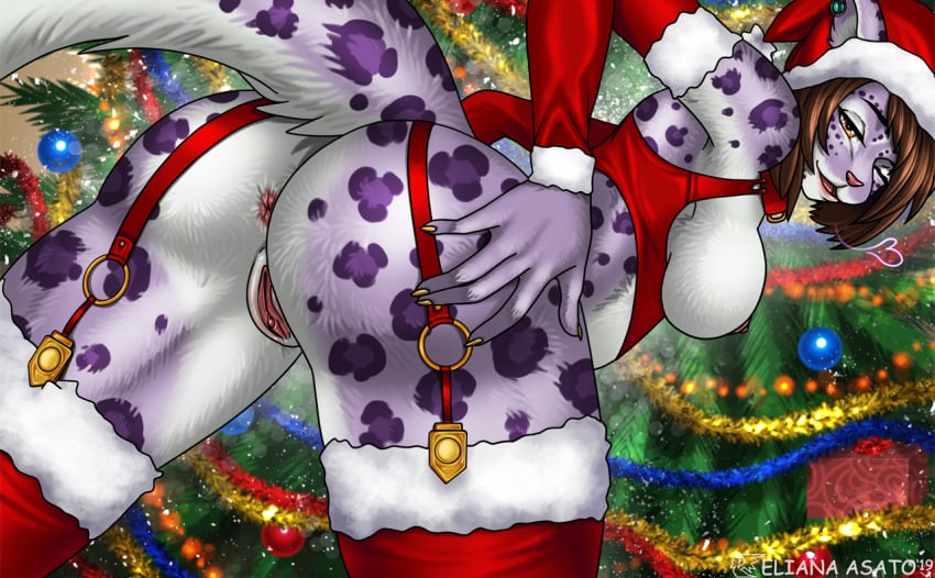 anthro anus ass blinking breasts brown_hair christmas christmas_clothing christmas_headwear christmas_lights christmas_tree clitoris clothed clothing collar collar_ring colored_nails d-ring detailed_background digital_media_(artwork) ear_piercing ear_ring eliana-asato felid feline female fur genitals gift hair hand_on_butt happy hat headgear headwear heart holidays inside legwear leopard looking_at_viewer mammal multicolored_body multicolored_fur nails nipples one_eye_closed open_mouth open_smile orange_eyes pantherine partially_clothed piercing plant presenting purple_body purple_fur pussy red_clothing ring_piercing santa_hat short_hair smile solo spots spotted_body spotted_fur stockings tail tree white_body white_fur yellow_nails