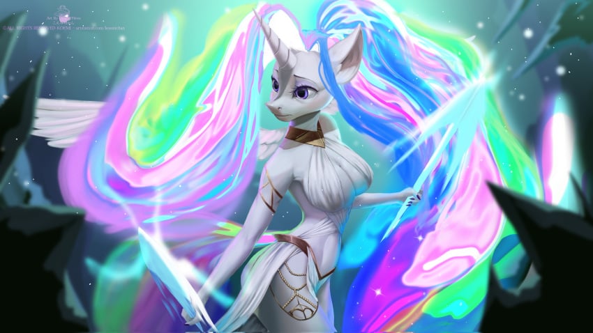 2022 2d anthro anthrofied black_pupils blue_hair breasts dagger digital_media_(artwork) equine eyebrows eyelashes female female_only furry furry_female furry_only glowing_hair green_hair hair hasbro horn koemichan long_hair mammal multicolored_hair my_little_pony navel pink_hair pony princess_celestia_(mlp) purple_eyes purple_hair solo solo_female tagme voluptuous voluptuous_female weapon white_body white_sclera wings