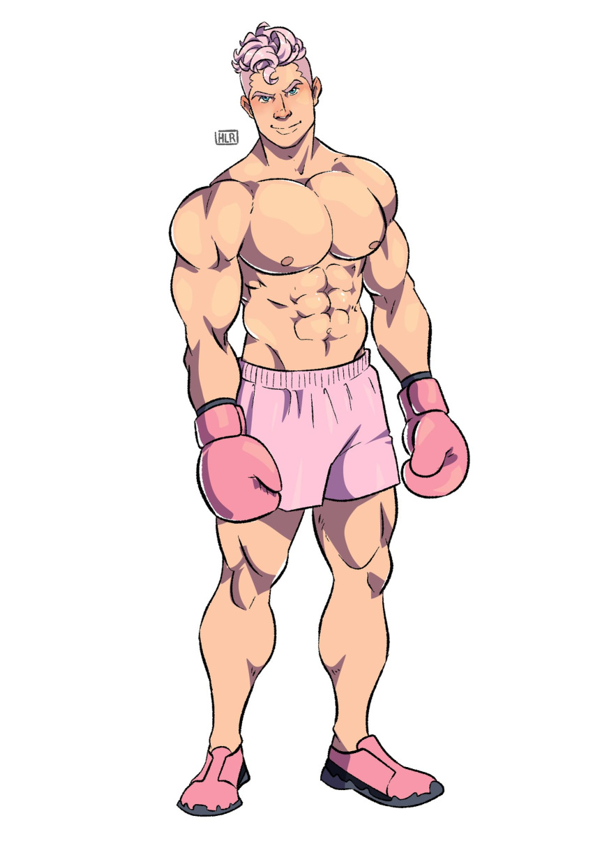 1boy abs biceps blue_eyes boxer boxing_gloves gijinka hlr hlr_art jigglypuff looking_at_viewer male male_only muscles muscular muscular_male pecs pink pink_hair pokemon pokemon_(species) shirtless_male shorts simple_background smooth_chest smooth_skin solo_male white_background