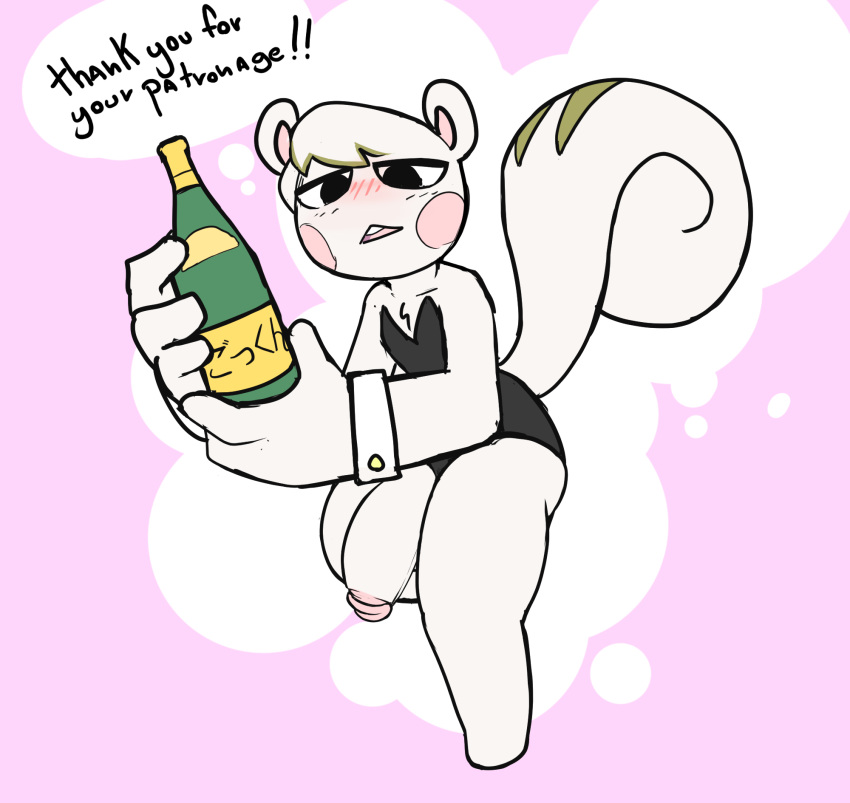 alcohol animal_crossing anthro beverage big_hands blush blush_lines bottomless clothed clothing dialogue english_text femboy fur furry furry_only genitals hi_res hung_trap japanese_text liquor liquor_bottle looking_at_viewer male male_only mammal marshal_(animal_crossing) neko3240 nintendo partially_clothed penis rodent sciurid solo tail text tree_squirrel