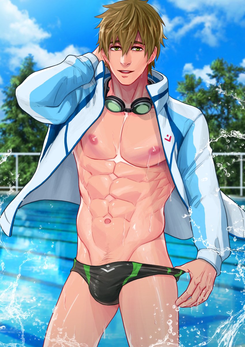 1boy abs brown_hair free! goggles_around_neck green_eyes jacket makoto_tachibana male_only maorenc outside pool poolside solo_male speedo tachibana_makoto