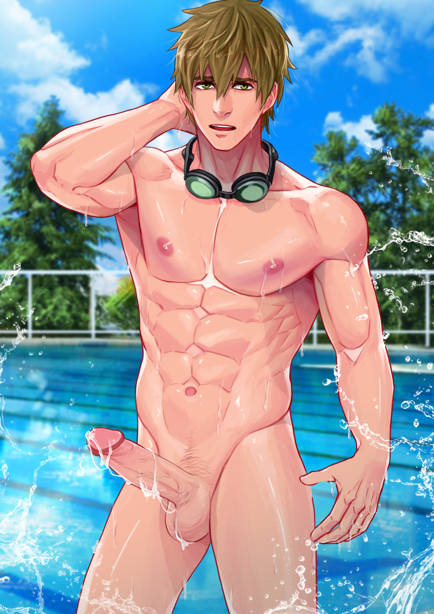 1boy abs big_penis brown_hair cum_on_penis free! goggles_around_neck green_eyes makoto_tachibana male_only maorenc outside pool poolside solo_male tachibana_makoto