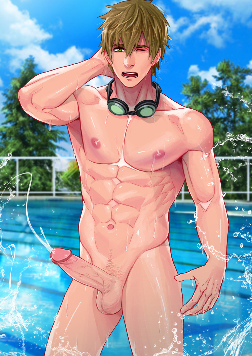 1boy abs big_penis brown_hair cumming free! goggles_around_neck green_eyes makoto_tachibana male_only maorenc outside pool poolside solo_male tachibana_makoto