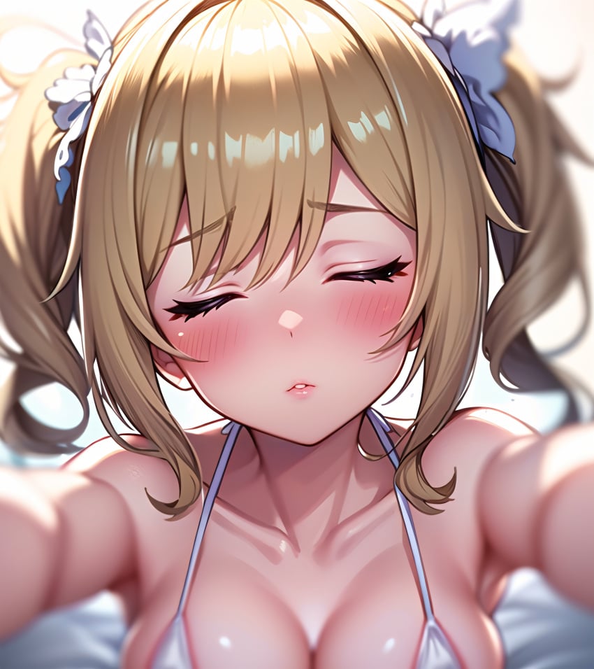 1girls ai_generated barbara_(genshin_impact) bikini blonde_hair blush breasts closed_eyes genshin_impact imminent_kiss large_breasts lips nun twintails unajyu