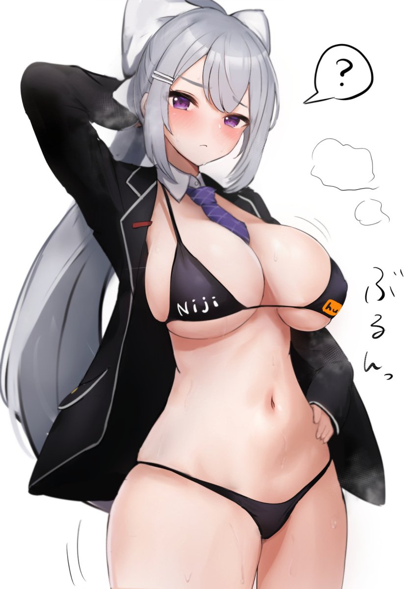 1girls big_breasts bikini bikini_bottom bikini_top black_bikini black_bikini_bottom black_bikini_top busty female higuchi_kaede mochitsuki_karen nijihub nijisanji pointy_chin ponytail purple_eyes solo virtual_youtuber white_hair