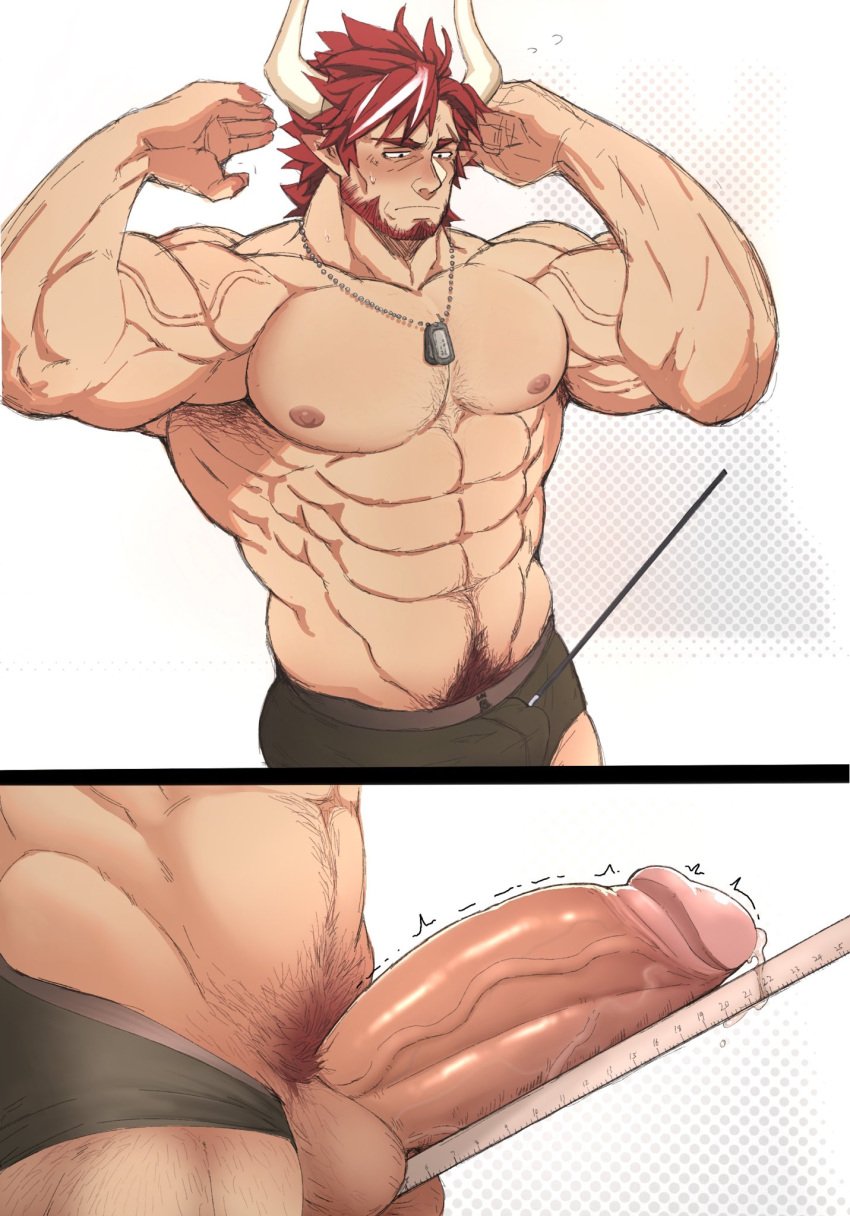 1boy animal_ears arknights armpit_hair armpit_peek bara beard between_testicles biceps black_male_underwear blush boxer_briefs bulge chest_hair close-up clothing_aside cow_boy cow_ears cow_horns crotch dog_tags embarrassed erection facial_hair hands_up highres horns humus_(arknights) huwenlang large_pectorals liuoie2 male_focus male_only male_pubic_hair male_underwear male_underwear_aside mature mature_male measuring multicolored_hair muscular muscular_male navel navel_hair outstretched_arms pectorals penis penis_measuring precum precum_drip pubic_hair red_hair scar scar_on_face scar_on_forehead sequential short_hair shy streaked_hair tape_measure thick_eyebrows thick_penis twitching_penis uncensored underwear veins veiny_arms veiny_penis