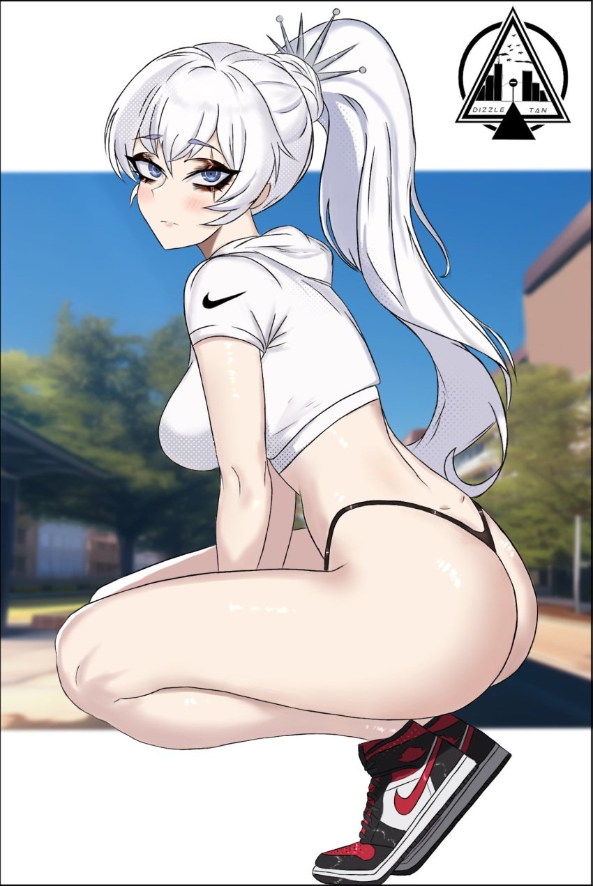 1girls ass big_ass black_thong blue_eyes blush bottomwear breasts clothing dizzle dizzle_tan female female_only footwear hair huge_ass legs no_pants ponytail rwby scar shoes side_view solo sportswear thighs thong topwear weiss_schnee white_hair white_topwear