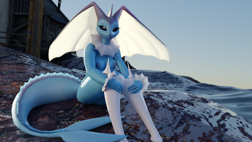 3d anthro anthrofied areolae barely_visible_genitalia barely_visible_pussy black_eyes blue_skin blue_sky breasts daemonanimate eeveelution eyelashes female frill_(anatomy) frills fusion hi_res lighthouse looking_at_viewer lopunny nintendo nipples ocean pokemon pokemon_(species) pussy rock siggin smiling smiling_at_viewer solo tail vaporeon vaporunny white_legs