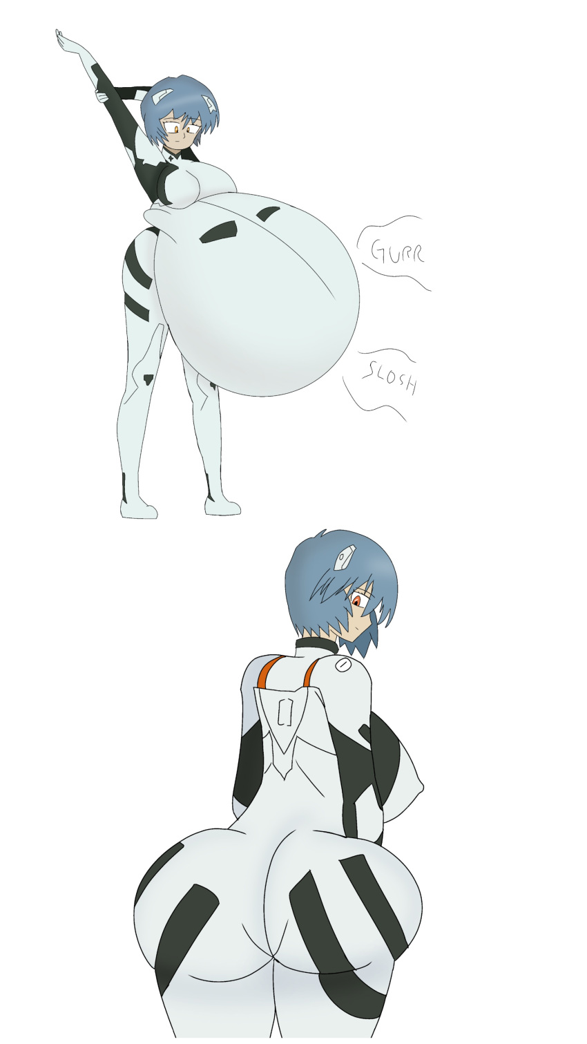 1girls 2d ambiguous_prey ass ass_expansion ass_focus belly belly_bulge big_ass big_belly big_belly_bulge big_butt blue_hair butt_expansion digestion female_pred happy henkai2 neon_genesis_evangelion orange_eyes plugsuit post_digestion post_vore rei_ayanami sequence smiling stretching vore vore_belly weight_gain white_background white_plugsuit willing_prey