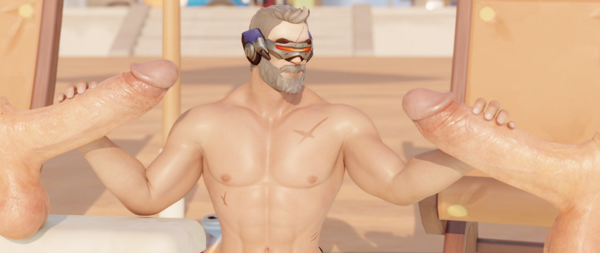 3boys 3d abs balls bara beard big_balls big_penis blonde_hair double_handjob erect_nipples erection facial_hair facial_scar fat_cock gay gay_handjob gay_sex holding_penis looking_at_penis male male/male male_only mostly_offscreen_character muscular muscular_male naked no_pubic_hair overwatch pecs penis penis_size_difference retracted_foreskin scars sideballs size_difference soldier_76 stroking_cock visor