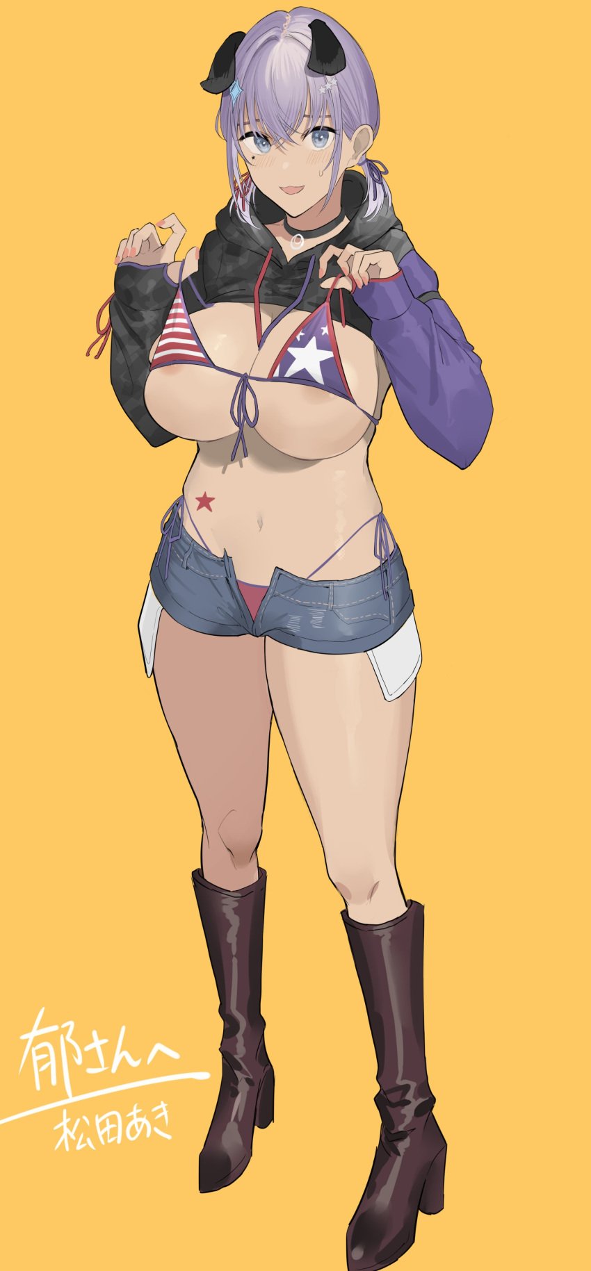 absurdres american_flag_bikini animal_ears aquna areola_slip bikini blue_eyes boots breasts denim denim_shorts female flag_print hair_ornament hairclip highres hood hoodie ikuchan_kaoru_(character) indie_virtual_youtuber large_breasts mole mole_under_eye purple_hair shorts side-tie_bikini_bottom simple_background string_bikini swimsuit virtual_youtuber yellow_background