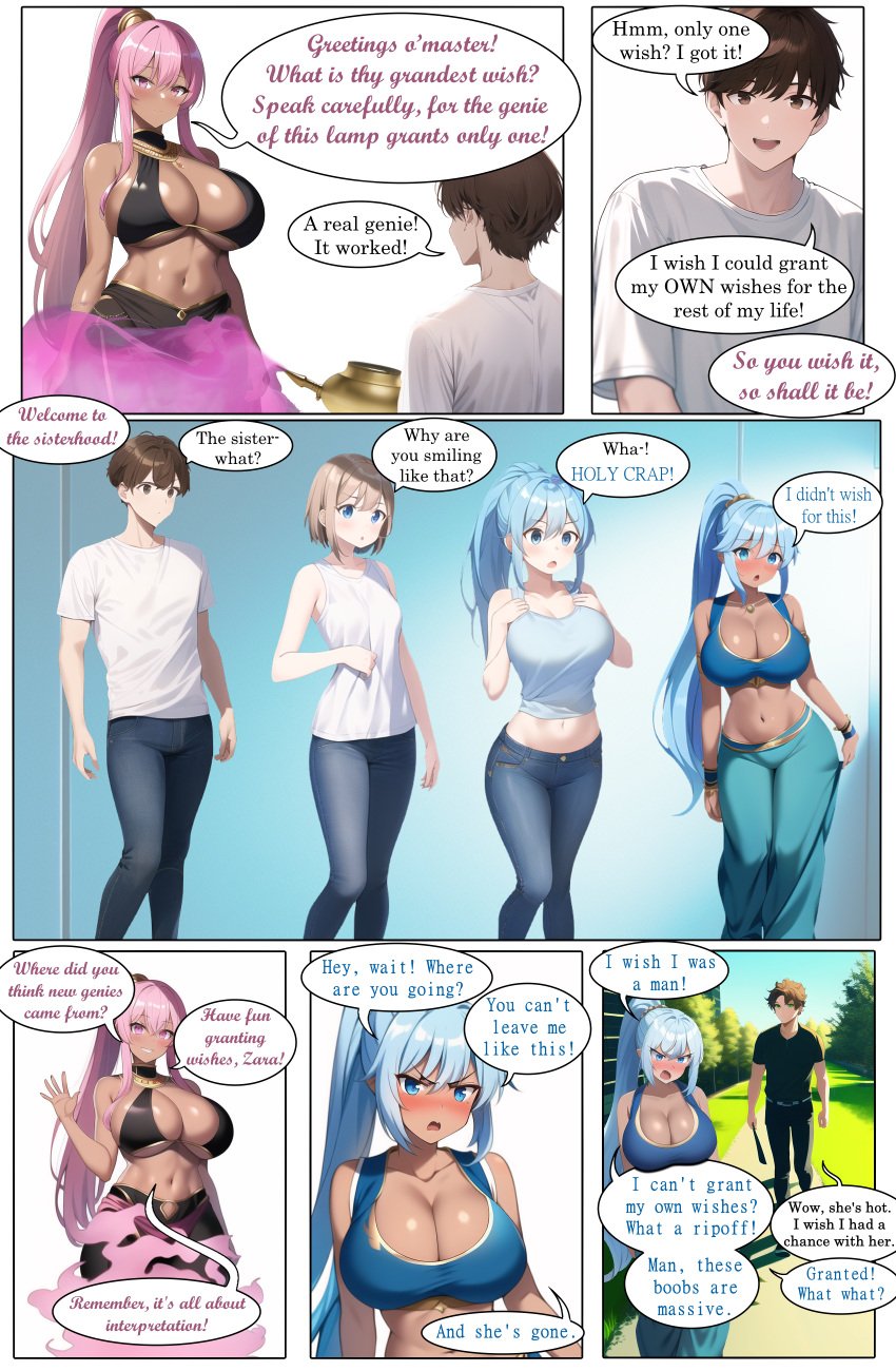 ai_generated comic dark-skinned_female djinn female genie genie_girl huge_ass huge_breasts midriff mrdomino-tg mtf_transformation navel race_swap story_at_source thick_thighs transformation transformation_sequence wide_hips