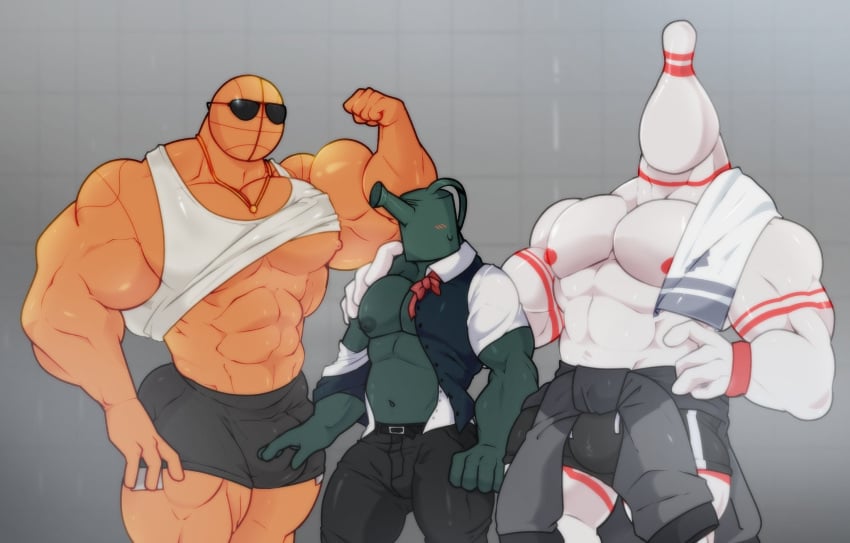 3boys abs bara big_breasts big_pecs buff color colored garten_of_banban hi_res male male/male male/male/male male_focus male_only muscles muscular muscular_male object_head open_shirt pecs pectorals shirt shirt_lift shorts size_comparison size_difference sunglasses topless trio trio_focus zaflep