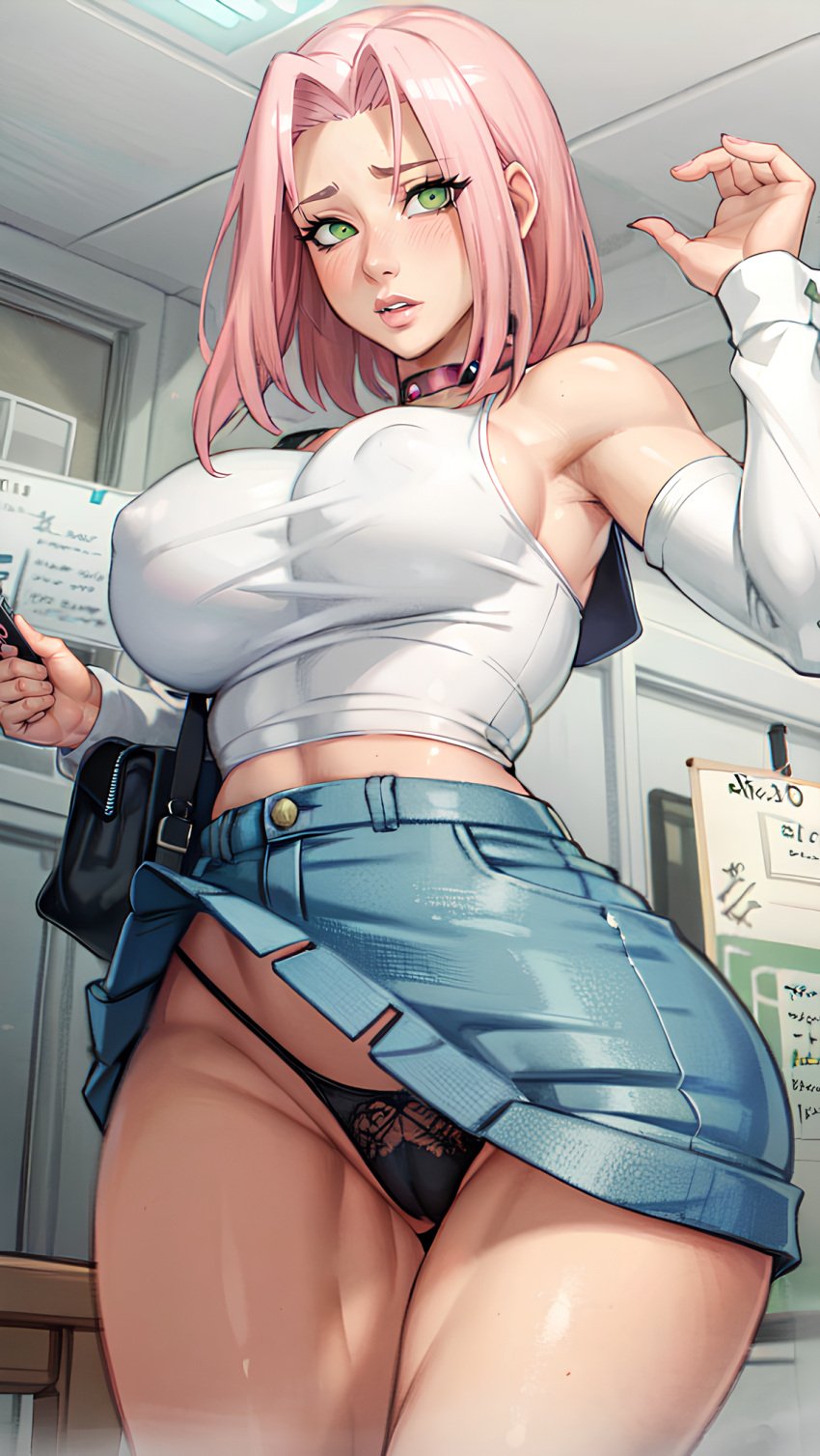 ai_generated bag big_areola big_ass big_butt big_nipples black_thong blush choker curvaceous curvy curvy_body curvy_female curvy_figure female female_only fully_clothed green_eyes hi_res highres hpeq huge_ass lace-trimmed_panties medium_breasts naruto naruto_(series) naruto_shippuden pink_hair puffy_nipples sakura_haruno school school_uniform schoolgirl solo solo_female solo_focus stable_diffusion thick thick_ass thick_thighs thong upskirt voluptuous voluptuous_female