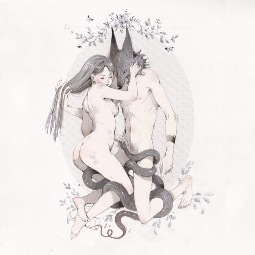 1boy1girl arched_back art ass beautiful_background blush butterfly canid_humanoid caressing caressing_hair female female_human flower flowers gentle human light-skinned_female light-skinned_male light_skin long_hair loputyn male male/female medium_breasts pale_skin skinny snake wolf_humanoid