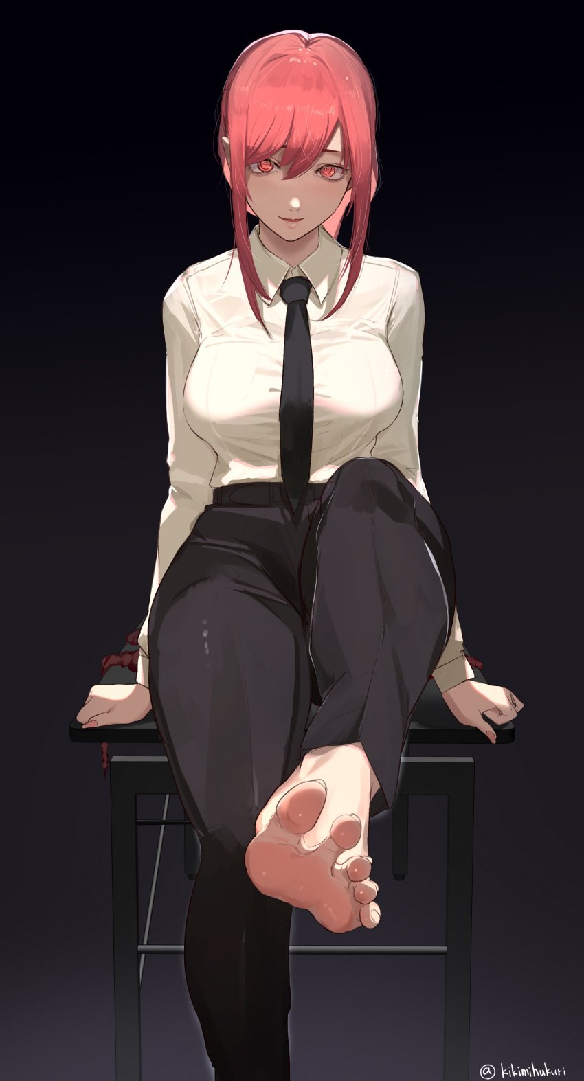 barefoot barefoot_under_trousers black_background black_necktie black_pants blood breasts chainsaw_man chair collared_shirt dress_shirt entrails eyelashes feet female foot_focus foot_out_of_frame foreshortening hair_between_eyes kikimifukuri lips long_sleeves looking_at_viewer makima_(chainsaw_man) medium_hair office_lady red_eyes red_hair ringed_eyes sidelocks sitting smile solo spread_toes tagme toes