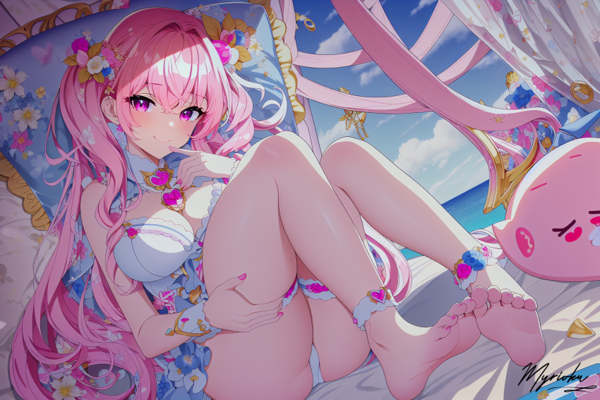 1girls ai_generated barefoot beach bed breasts feet female foot_fetish myrioku ocean pillow pink_eyes pink_hair soles stable_diffusion thighs