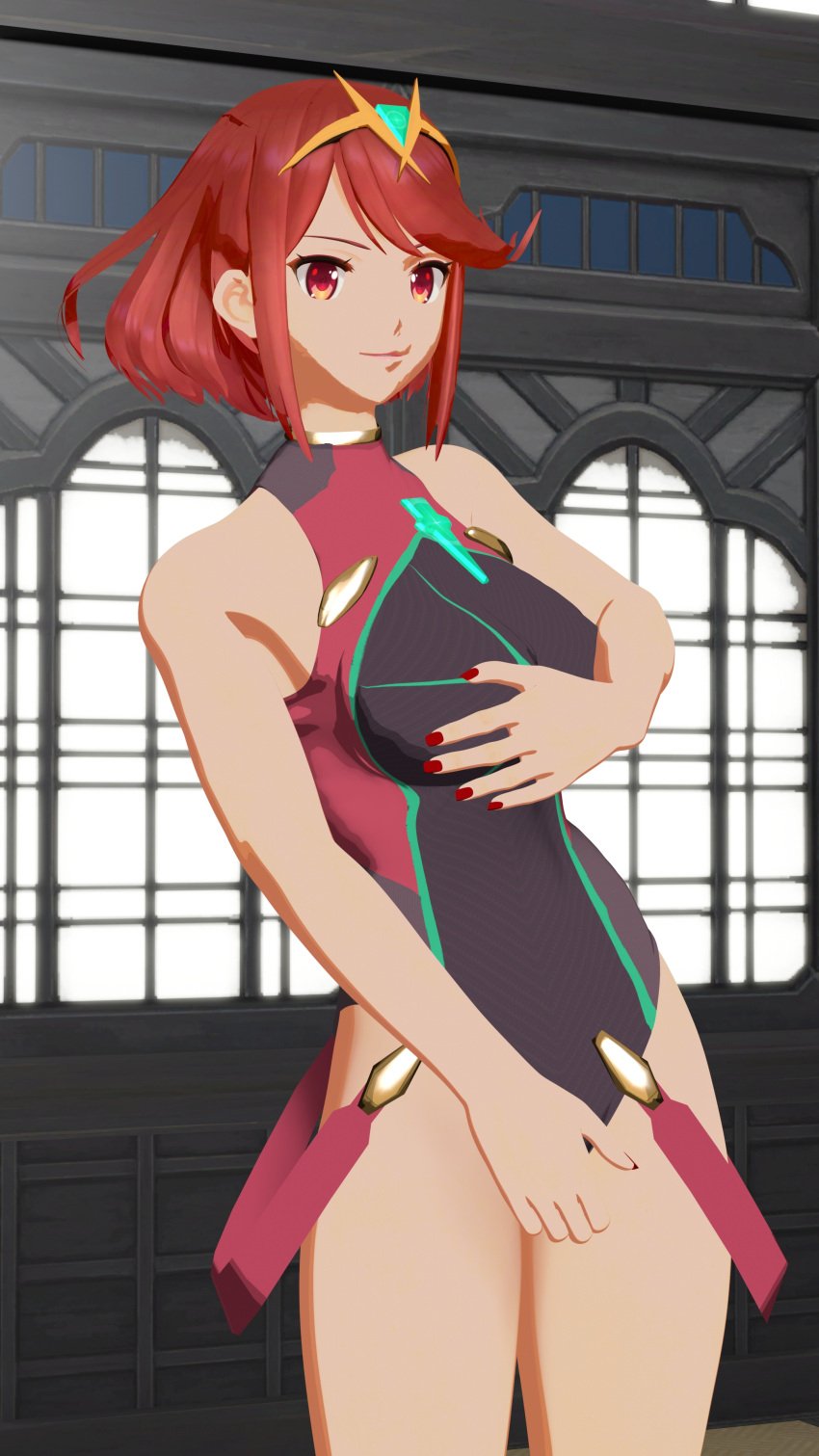 -homura 1girls 3d aidenhet big_breasts big_butt female female_focus female_only huge_breasts nintendo partially_nude pyra_(xenoblade) red_eyes red_hair short_hair smile smiling xenoblade_(series) xenoblade_chronicles_(series) xenoblade_chronicles_2