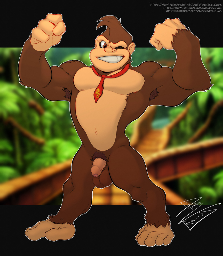 ape balls donkey_kong donkey_kong_(series) flaccid flexing foreskin genitals haplorhine hi_res humanoid_genitalia humanoid_penis male male_only mammal monkey monkey_boy monkey_feet mostly_nude muscular muscular_male necktie necktie_only nintendo one_eye_closed penis prehensile_feet primate raccoondouglas solo wink