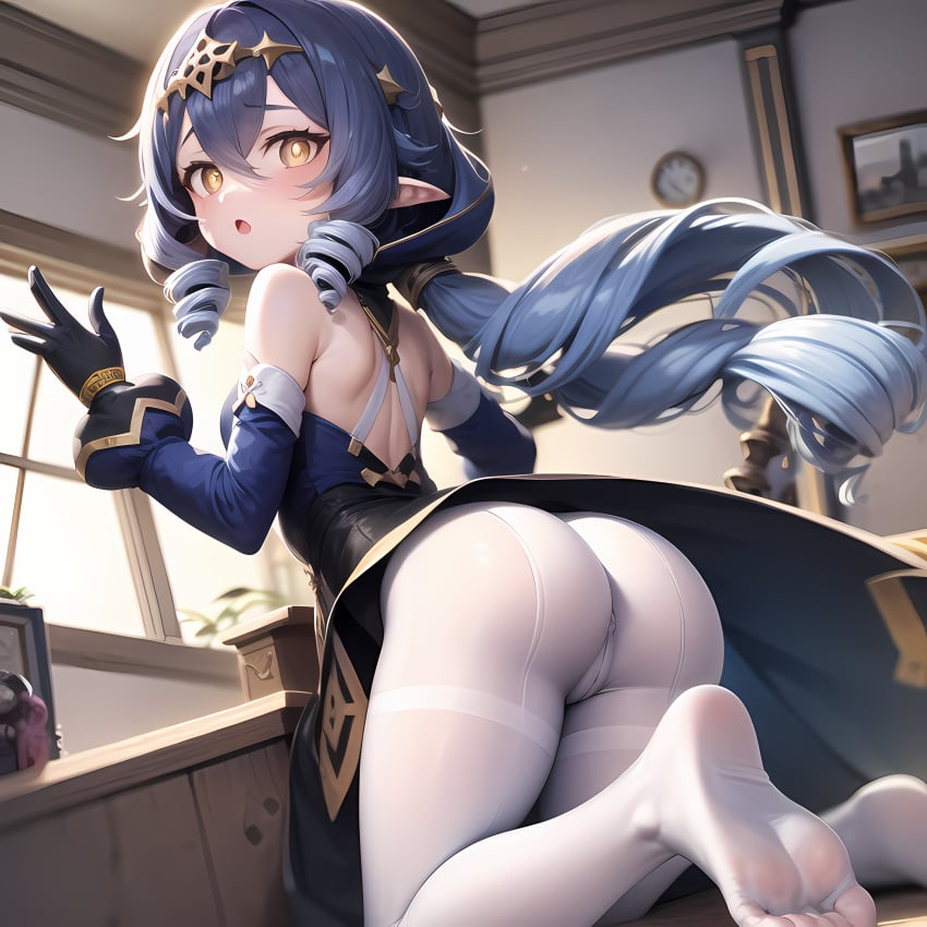 ai_generated ass bare_shoulders blue_hair blue_hood blush breasts cameltoe drill_hair female from_behind genshin_impact gloves hood layla_(genshin_impact) long_hair looking_at_viewer looking_back medium_breasts open_mouth pantyhose pointy_ears shiny shiny_clothes shiny_hair shiny_skin sideboob solo twin_drills very_long_hair yellow_eyes