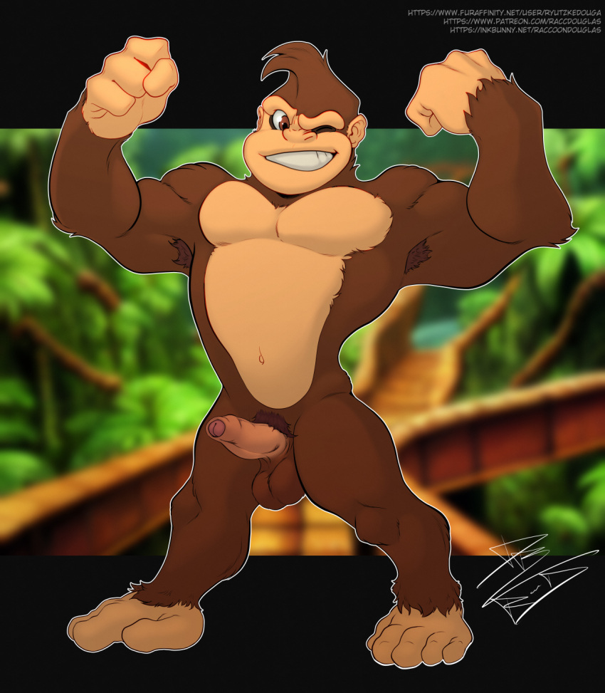 ape balls donkey_kong donkey_kong_(series) erection flexing foreskin genitals haplorhine hi_res humanoid_genitalia humanoid_penis male male_only mammal nintendo nude one_eye_closed penis primate raccoondouglas solo wink