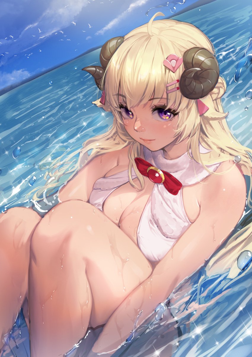 1girls absurdres bikini blue_sky breasts closed_mouth cloud commentary_request day female hair_ornament hairclip highres holoforce hololive hololive_japan horns large_breasts light-skinned_female light_skin long_hair looking_at_viewer ocean outdoors purple_eyes sheep_girl sheep_horns sitting sky solo swimsuit takami_masahiro tsunomaki_watame virtual_youtuber wet white_bikini