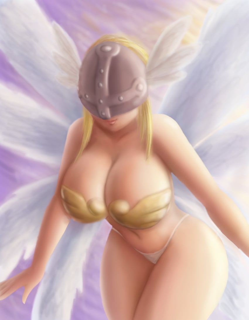 1girls 8_wings alternative_clothing angewomon armgloves bandai bikini blonde_hair bra_armor breasts clouds curvy curvy_female day detailed_background digimon female female_only half_mask huge_breasts large_breasts long_hair looking_at_viewer midriff necklace one_glove only_female pale-skinned_female pink_mouth pinup purple_sky ribbon saf-404 saf_404 safartwoks safartworks side_view sideboob thick_body thick_thighs viewed_from_below voluptuous_female white_panties wings