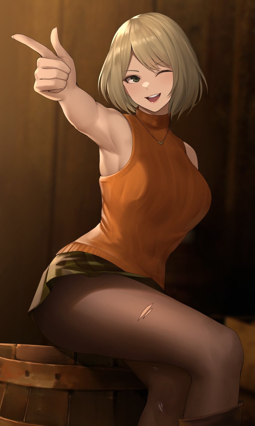 1girls armpits ashley_graham ashley_graham_(ella_freya) big_ass big_breasts blonde_hair cute female female_only kuronerinka light-skinned_female pantyhose resident_evil resident_evil_4 resident_evil_4_remake thick_thighs torn_pantyhose wink winking