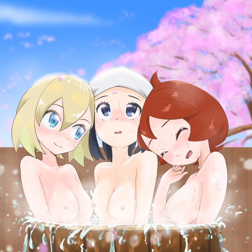 3girls akari_(pokemon) arezu_(pokemon) barrel bath bath_barrel bathing bathing_together blonde_female blonde_hair blue_eyes breasts female female_only human human_only irida_(pokemon) microsd_(artist) multiple_girls nintendo nude nude_female pokemon pokemon_legends:_arceus red_hair