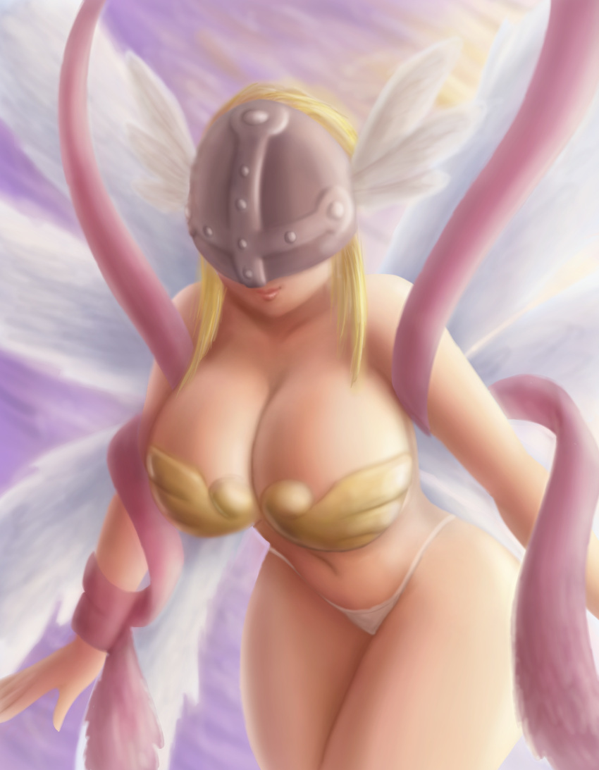 1girls 8_wings alternative_clothing angewomon armgloves bandai bikini blonde_hair bra_armor breasts curvy curvy_female day detailed_background digimon female female_only half_mask huge_breasts large_breasts long_hair looking_at_viewer midriff necklace one_glove only_female pale-skinned_female pink_mouth pink_ribbon pinup purple_sky ribbon saf-404 saf_404 safartwoks safartworks side_view sideboob thick_body thick_thighs viewed_from_below voluptuous_female white_panties wings