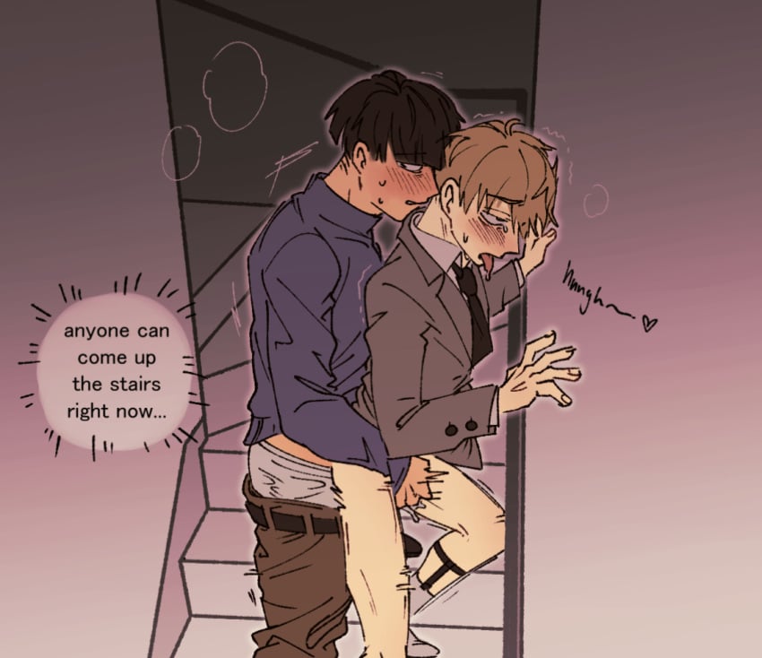 2boys against_wall age_difference aged_up anal_sex arataka_reigen black_hair black_tie blonde_hair blush blush_lines clothed_sex crying crying_with_eyes_open drooling english_text exhibitionism garter_straps handjob handjob_while_penetrating looking_away looking_back looking_up male male_focus male_only male_penetrated male_penetrating masturbating_other mob_psycho_100 nervous nervous_sweat on_stairs pants_down pleasure_face public_sex shigeo_kageyama stairs steam suit sweat tongue tongue_out trembling turtleneck yaoi younger_dom_older_sub younger_penetrating_older