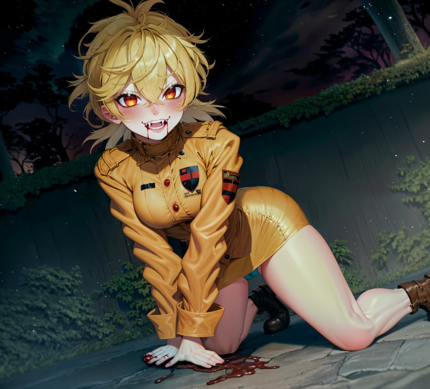 ai_generated all_fours blonde_hair blood cameltoe cute fangs female hellsing military_uniform night panties red_eyes rockhardart seras_victoria stable_diffusion starry_sky vampire