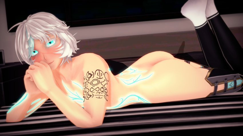 1boy 3d ass bedroom cyan_eyes femboy glowing_eyes koikatsu looking_at_viewer mira_imae smug solo solo_male tattoo thighhighs white_hair