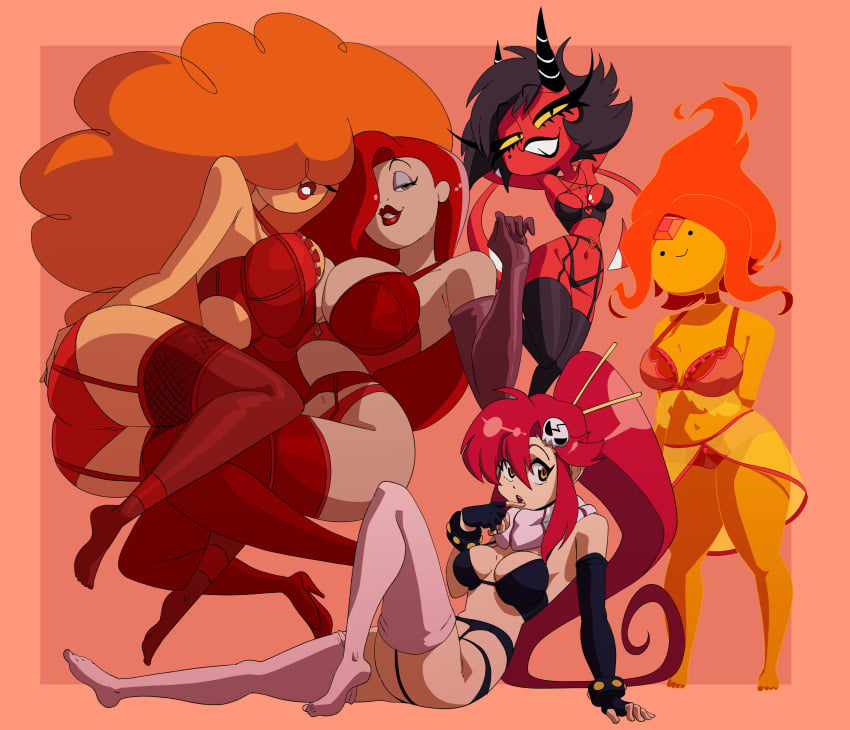 5girls adventure_time ass bedroom_eyes bra coolerinker crossover demon demon_girl feet female female_only fire_hair flame_hair flame_princess full_body helluva_boss inker_comics inkershike jessica_rabbit lingerie looking_at_viewer millie_(helluva_boss) navel orange_skin powerpuff_girls red_background red_hair red_skin sara_bellum stockings tengen_toppa_gurren_lagann thighhighs who_framed_roger_rabbit yoko_littner