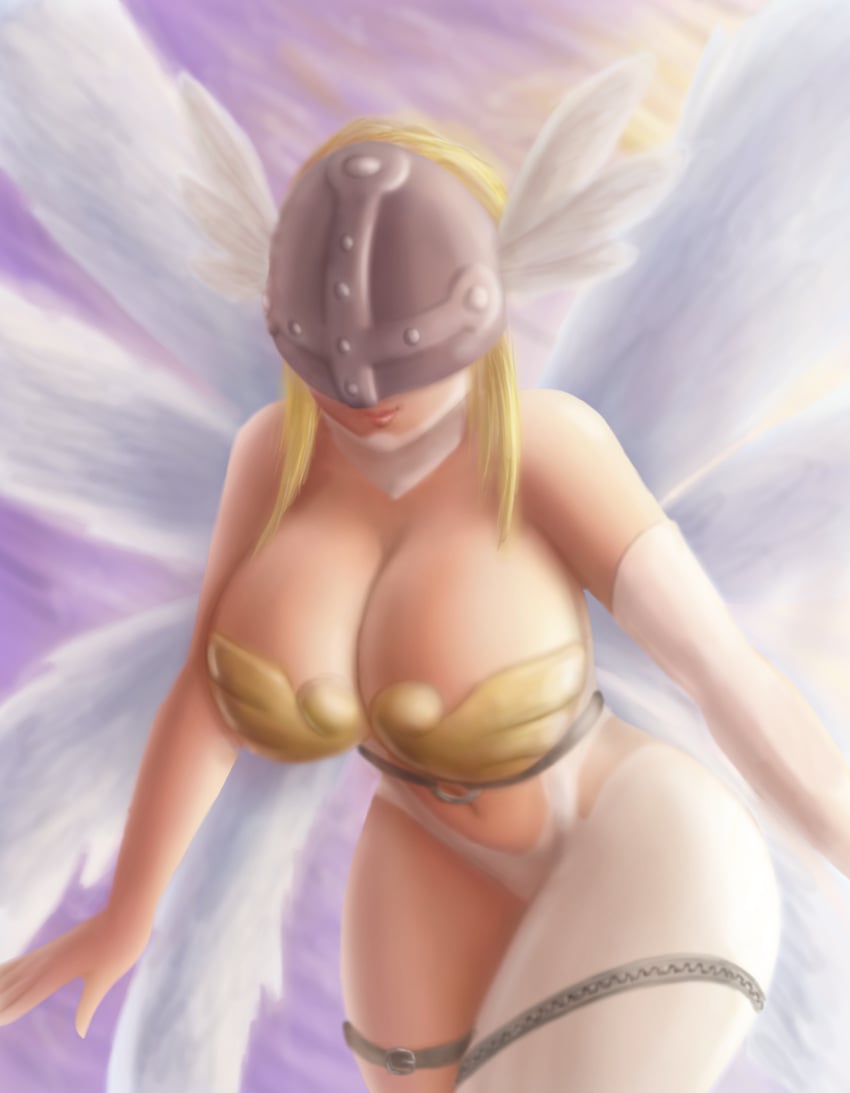 1girls 8_wings alternative_clothing angewomon armgloves bandai blonde_hair bra_armor breasts curvy curvy_female day digimon female female_only half_mask huge_breasts large_breasts long_hair looking_at_viewer midriff necklace one_glove only_female pale-skinned_female partially_clothed pink_mouth pinup purple_sky saf-404 saf_404 safartwoks safartworks side_view sideboob thick_body thick_thighs viewed_from_below voluptuous_female white_panties wings zíper