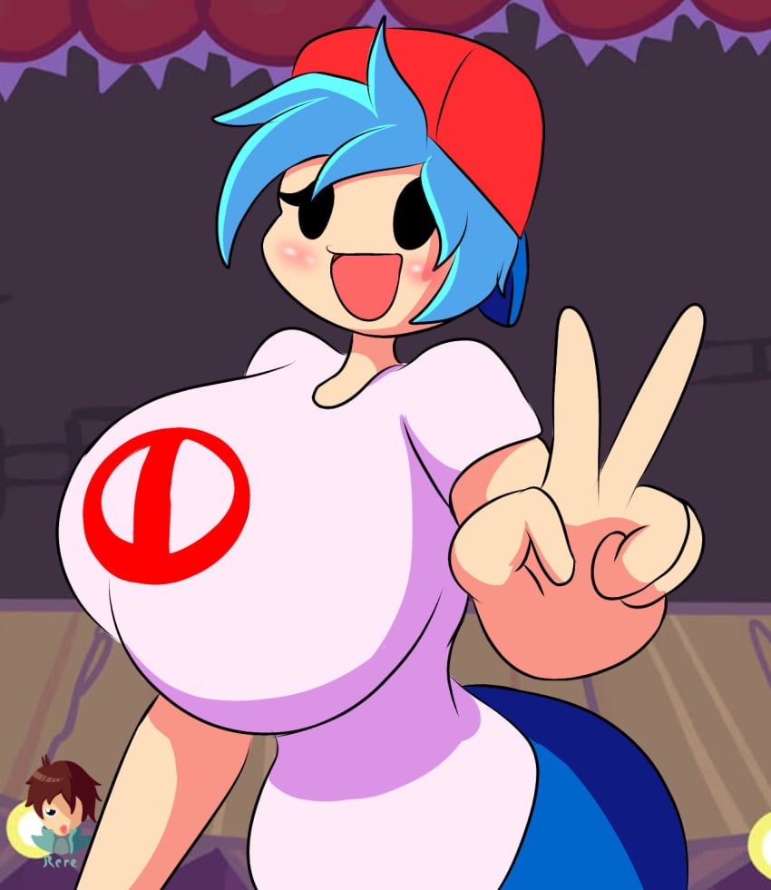 1girls ass black_eyes blue_hair blush boyfriend_(friday_night_funkin) breasts breasts_bigger_than_head bubble_butt busty fat_ass female female_boyfriend_(friday_night_funkin) female_only friday_night_funkin genderswap_(mtf) giant_ass giant_breasts hat hourglass_figure huge_ass huge_breasts human large_breasts notsosafeegg open_mouth peace_sign rule_63 shirt standing t-shirt thick thick_ass thick_thighs voluptuous voluptuous_female