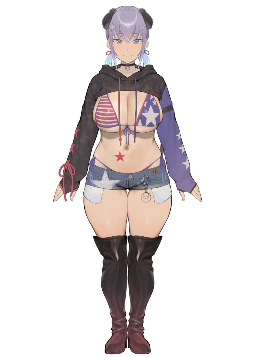 american_flag_bikini animal_ears arms_at_sides bad_id bad_pixiv_id bikini black_choker blue_eyes blue_hair boots breasts choker cleavage closed_mouth cropped_hoodie denim denim_shorts dog_ears female flag_print front-tie_bikini_top front-tie_top full_body gradient_hair hair_ornament high_heel_boots high_heels highres hood hood_down hoodie iku_(ikuchan_kaoru) ikuchan_kaoru_(character) indie_virtual_youtuber large_breasts long_sleeves looking_at_viewer low_twintails micro_shorts minishorts multicolored_hair navel original purple_hair short_shorts shorts side-tie_bikini_bottom simple_background smile solo standing star_(symbol) star_hair_ornament swimsuit thigh_boots thighhighs thong thong_above_shorts thong_straps twintails virtual_youtuber white_background