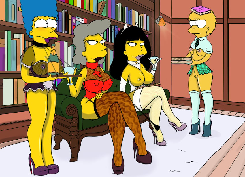 big_breasts helen_lovejoy high_heels incest jessica_lovejoy latex lisa_simpson maid marge_simpson nipple_piercing nipples the_simpsons yellow_body